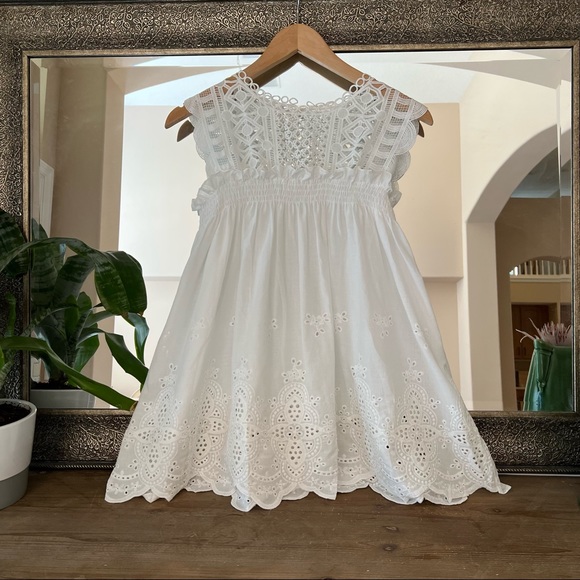 White Eyelet Boho Babydoll Top Blouse Sleeveless Crochet Lace Shirred Tank New! - Picture 4 of 7